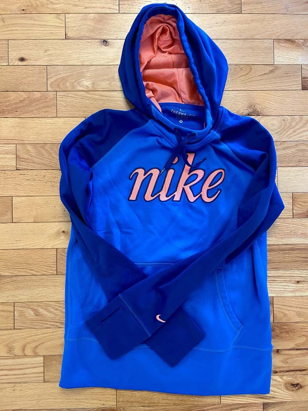 Nike Therma-Fit Hoodie Size M Blue Orange Script Logo Thumbholes